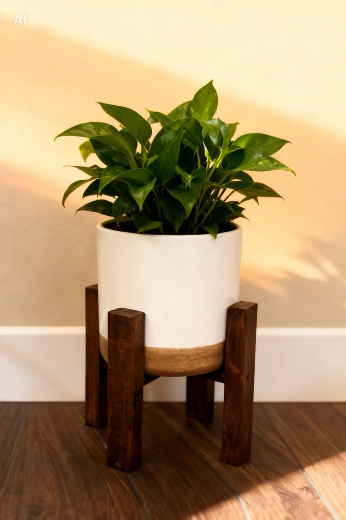 Green houseplant in a white planter displayed on a dark wood plant stand.