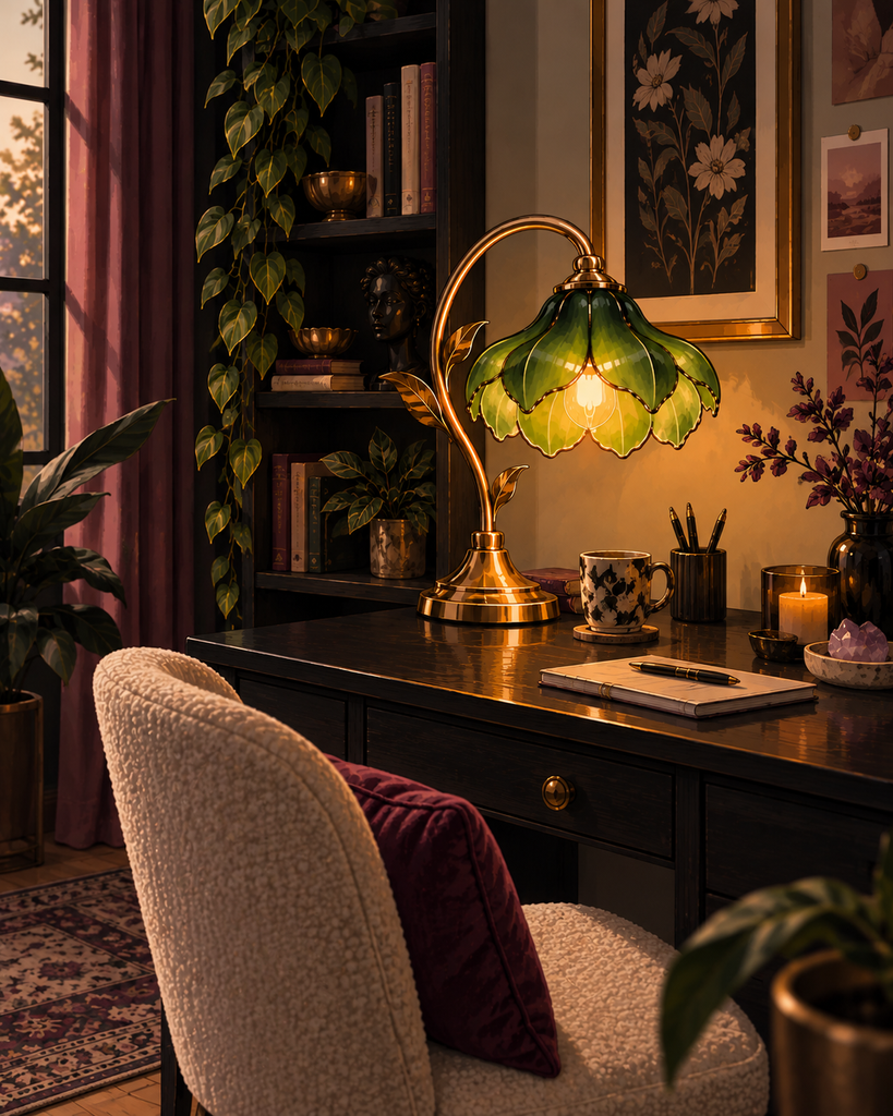 Illustrated home office featuring a vintage-inspired green flower lamp with a gold-tone base styled on a dark desk with cream, green, and plum accents.
