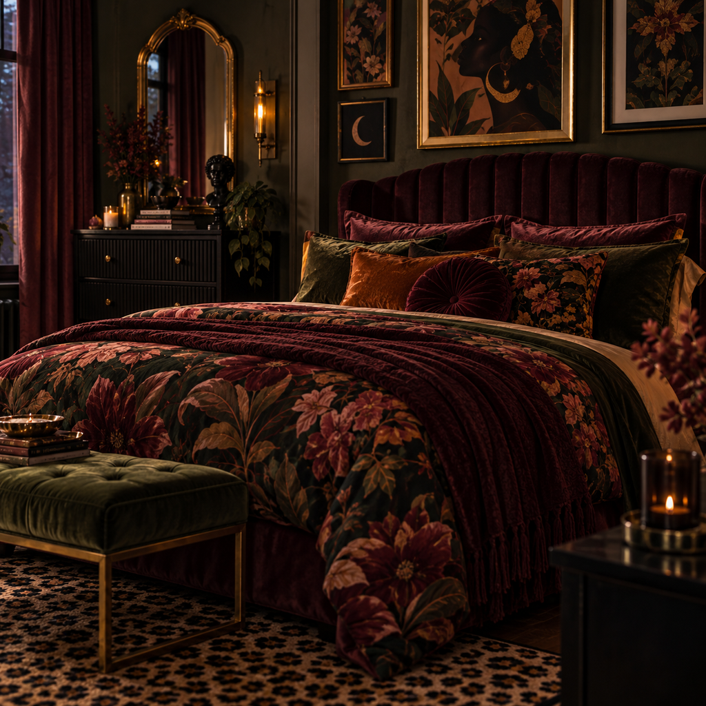 Dark and moody Black Nouveau bedroom with rich burgundy, green, and floral bedding layered on a velvet bed.