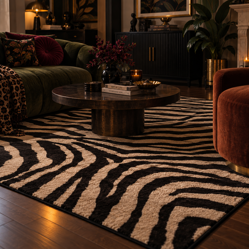 Black Nouveau living room featuring a bold black and cream zebra print rug with green velvet and rust-colored furniture.